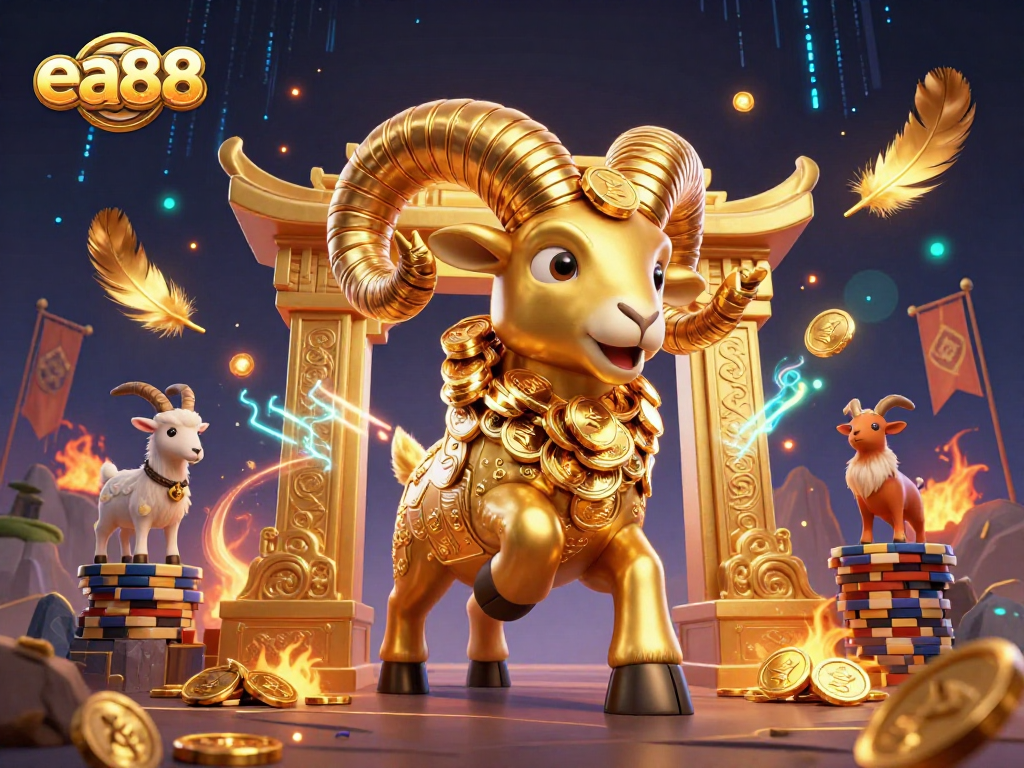 ea88 showcases a dynamic competition scene featuring a golden ram charging at a golden gate among gold coins and vibrant effects.