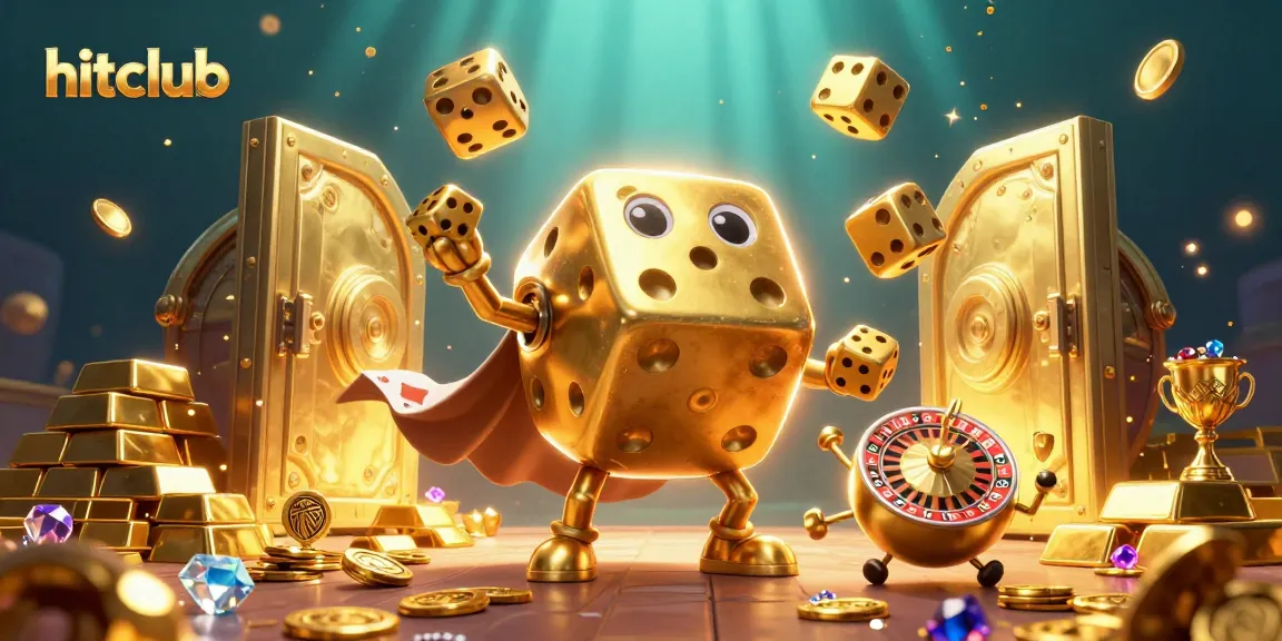 Hitclub members enjoy the thrill of gambling with colorful slots, dice, and gold treasures.