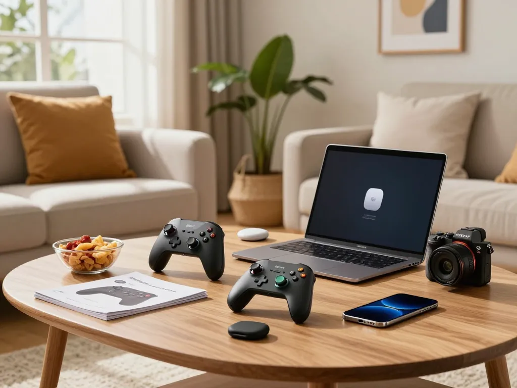 Discover cool tech gadgets under $109 in a cozy living room setting with a tech-savvy consumer exploring innovative products.
