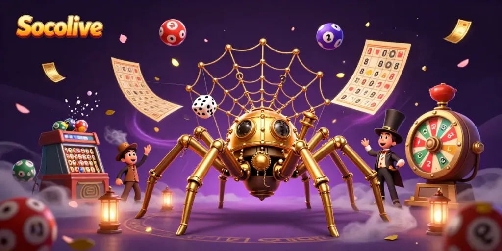 Socolive's dynamic gambling scene, featuring a golden spider and Victorian fly gentleman amidst casino elements.