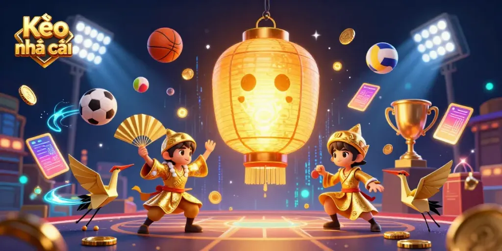 Engaging scene of Kèo nhà cái with golden lantern spirit, sports betting elements, and dynamic action.