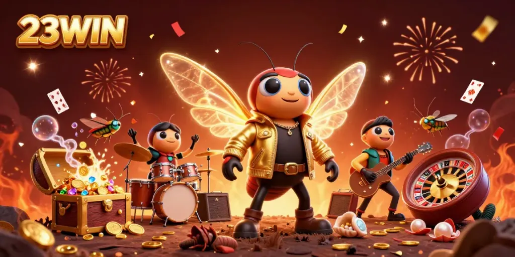 23WIN vibrant casino scene showcasing a rock star with electric wings amidst gold coins and playing cards.