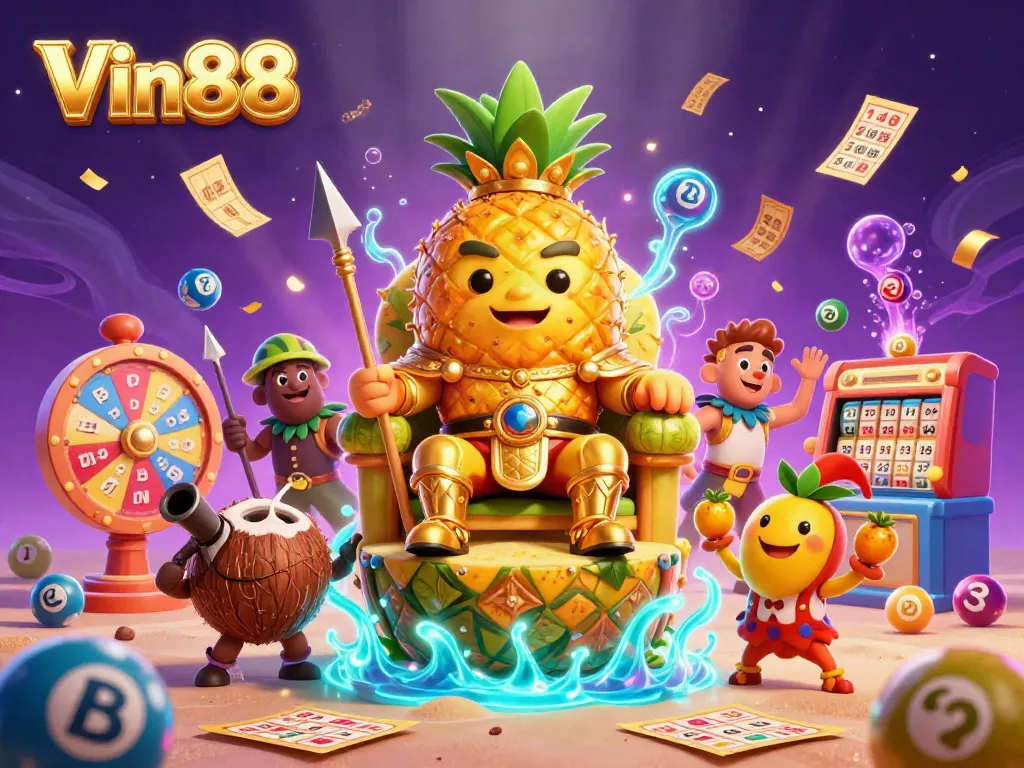 Experience the excitement of Vin88 at this vibrant beach casino scene, featuring the golden pineapple king and lottery elements.