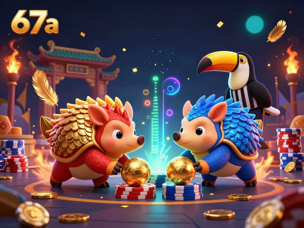 Experience thrilling action at 67a with rival pangolins bowling through poker chips in a vibrant casino arena.