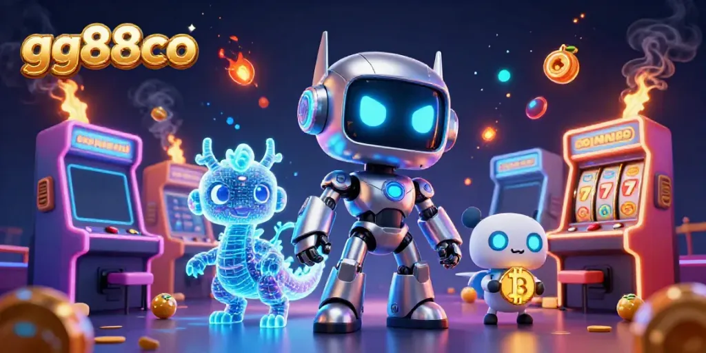 Engage with gg88co's dynamic gaming world featuring a cyberpunk robot and crypto elements.