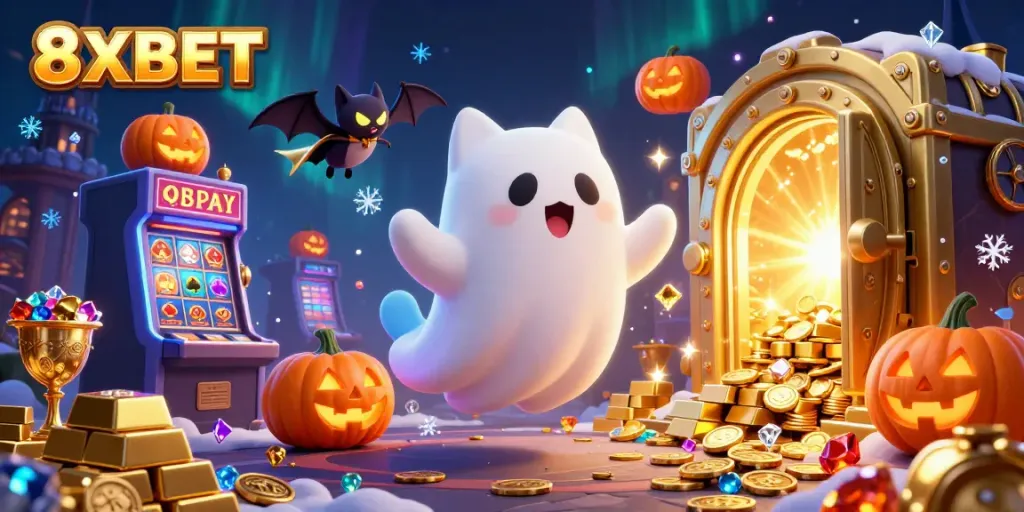 Experience thrilling action at 8XBET with a ghostly feline in a vibrant casino.