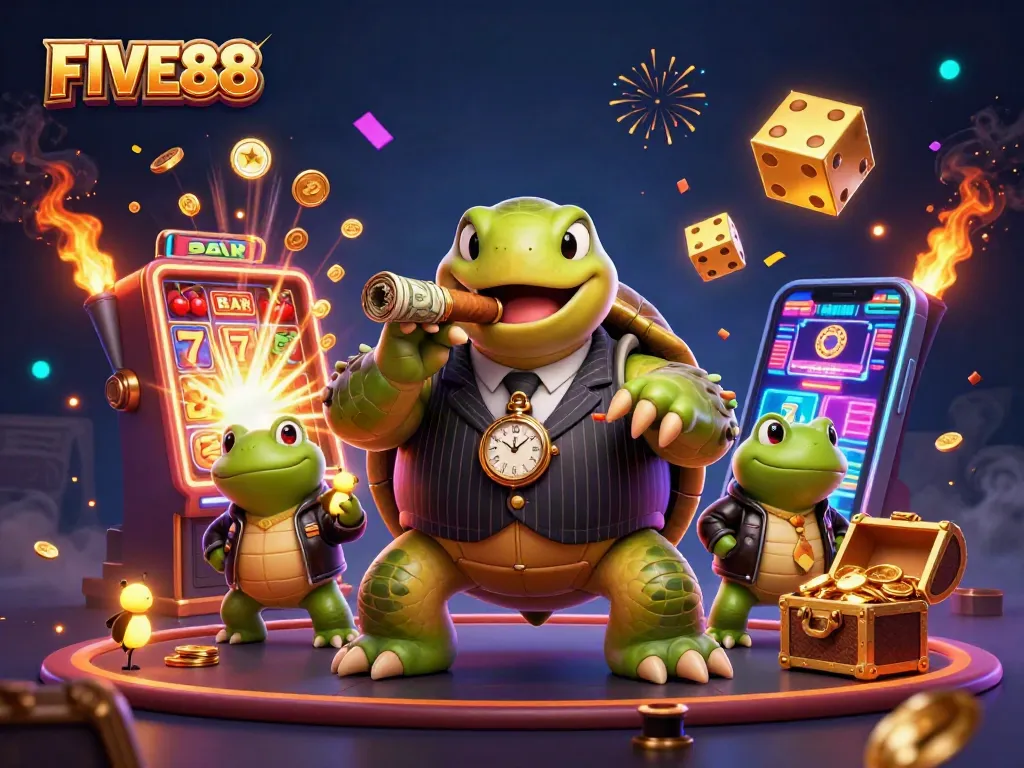 Engage with FIVE88's vibrant casino scene featuring a mobster turtle and bullfrog enforcers with exciting game elements.