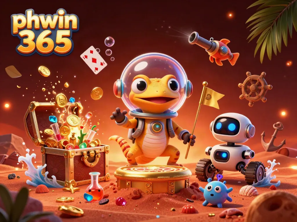 Experience exciting wins at phwin 365 with a vibrant scene featuring a Martian gecko in a golden casino.