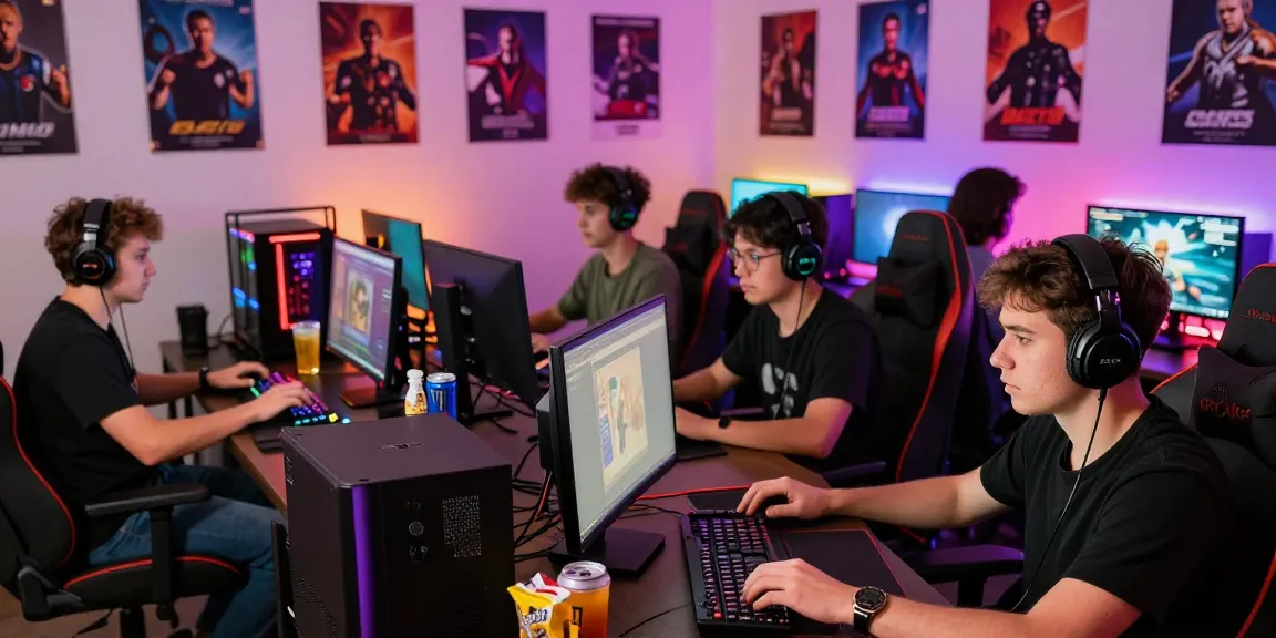 Players engaged in online gaming at Iwin, showcasing a vibrant and energetic atmosphere with gaming paraphernalia.