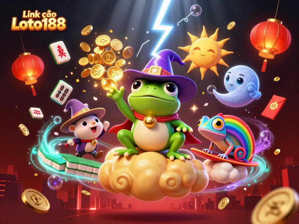 Engage with the dynamic scene of Link vào Loto188 showcasing vibrant colors, cartoon characters, and festive gaming elements.