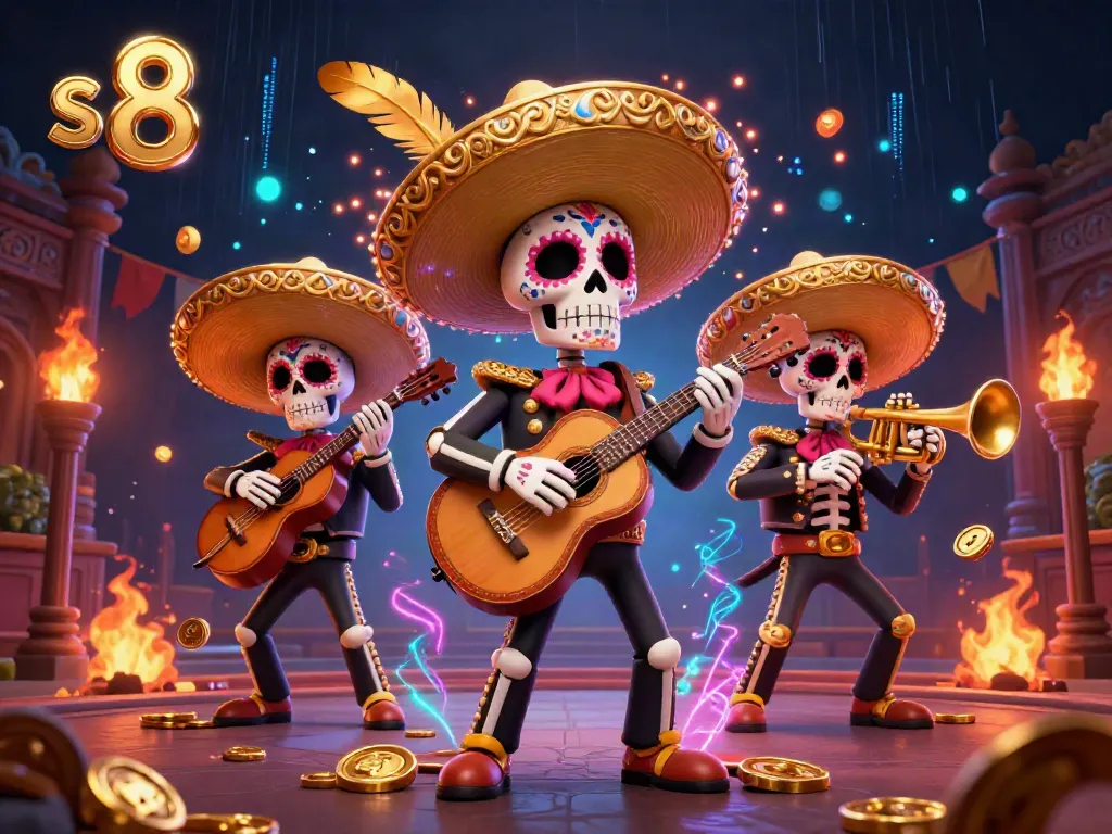 Engage with thrilling slots at s 8, featuring a vibrant Dia de los Muertos mariachi band in a dynamic casino scene.