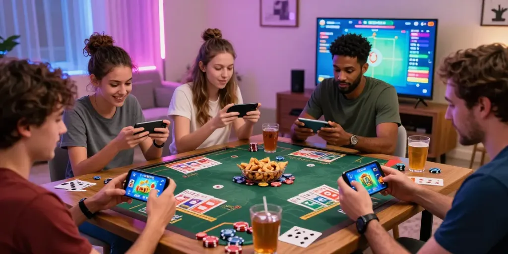 Multiplayer players enjoying 3 Patti No1 card games in a lively home setting.