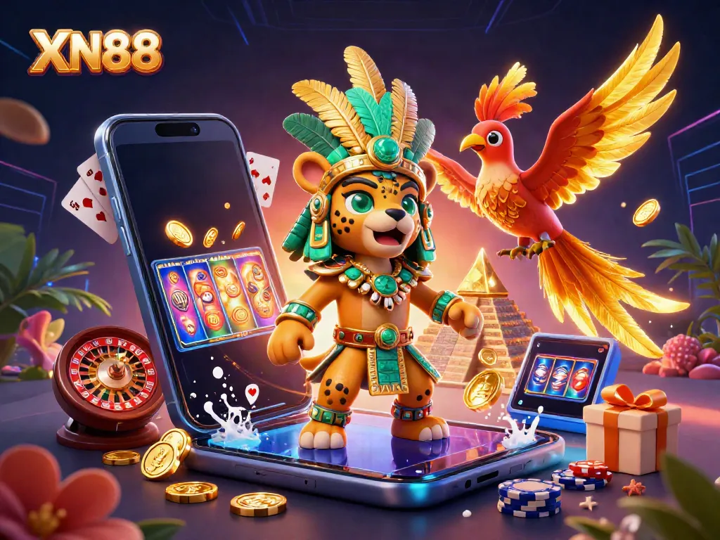 Experience the vibrant XN88 themed online casino adventure with a dynamic 3D scene of a Mayan jaguar priest and treasure-filled smartphone.