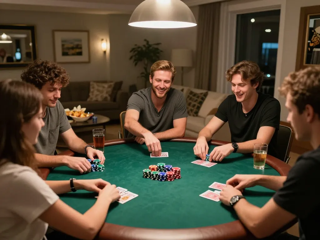Bong88viva players enjoying a lively home poker night, showcasing competitive spirit and camaraderie.