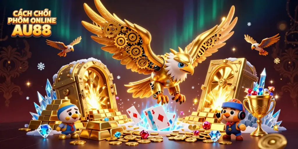 Experience CÁCH CHƠI PHỎM ONLINE AU88 with a vibrant 3D illustration of an eagle amidst playing cards and treasures.