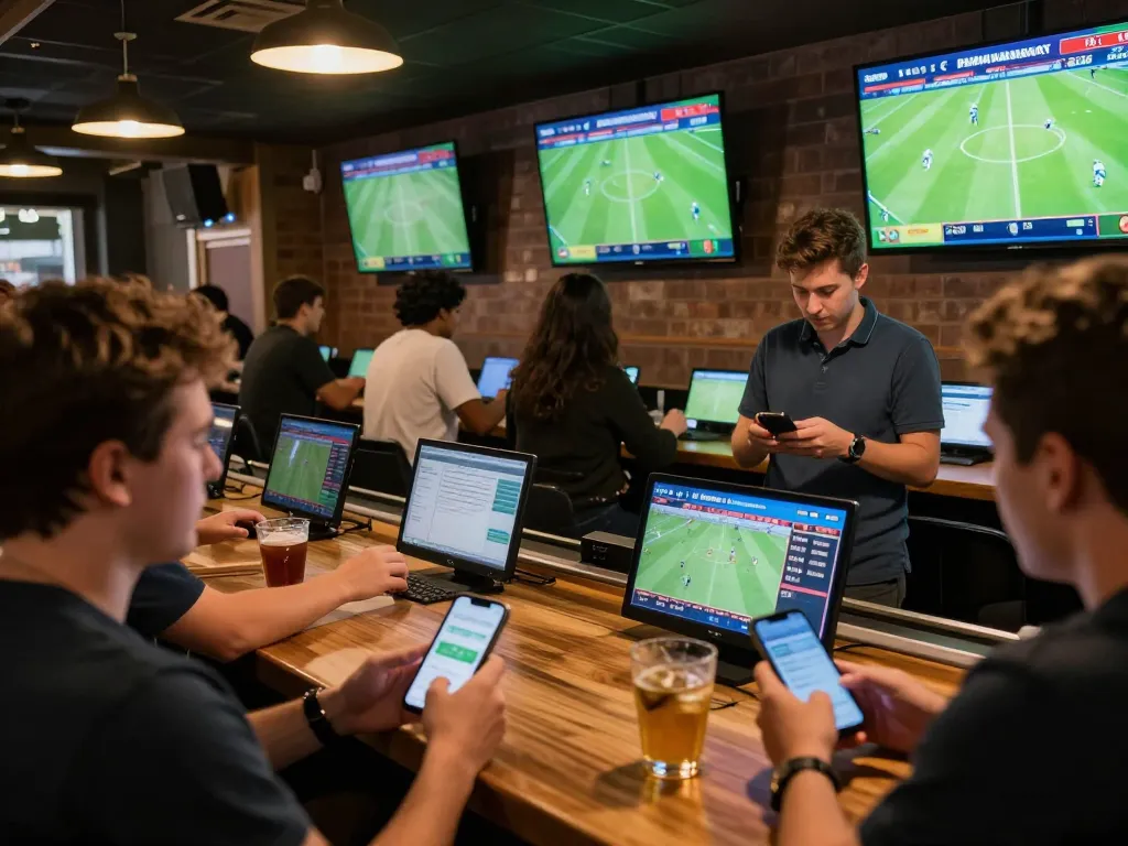 Exciting sports betting scene at a lively bar, showcasing trang cá cược bóng đá with friends placing bets on football matches.