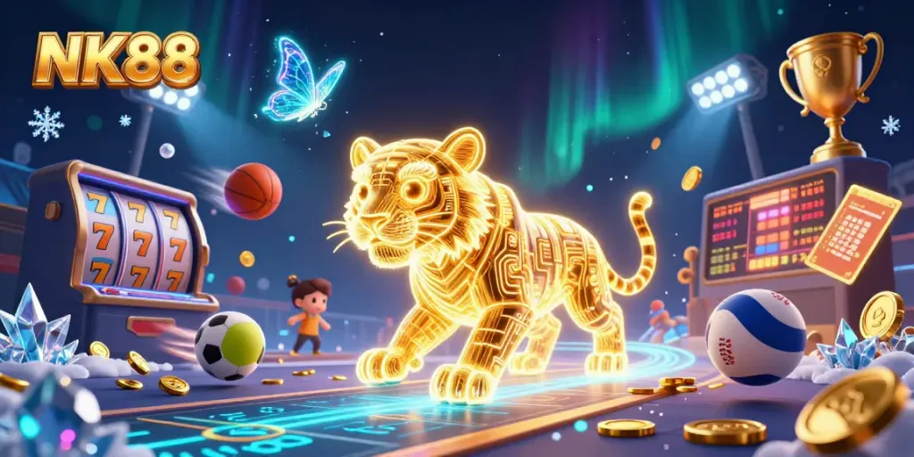 Engage in gaming with NK88 featuring a neon tiger, slots, and dynamic sports elements.