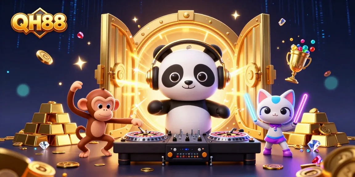 Experience vibrant QH88 casino fun with DJ panda, dancing monkey, and rave kitten.