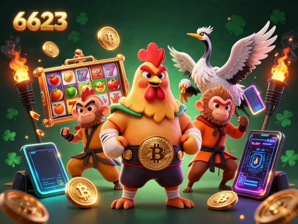 Engage with exciting visuals of 6623 Muay Thai rooster and friends celebrating gambling success with vibrant slot symbols.