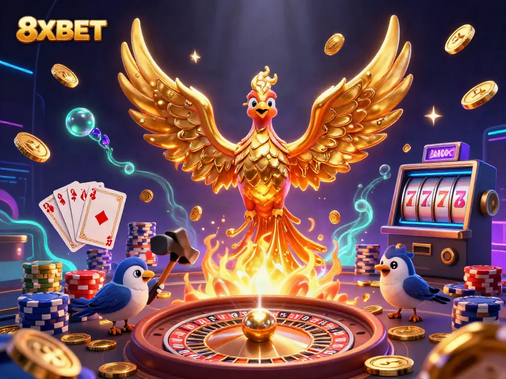 Experience the thrill of 8XBET with a majestic phoenix emerging from gold, surrounded by vibrant casino elements.