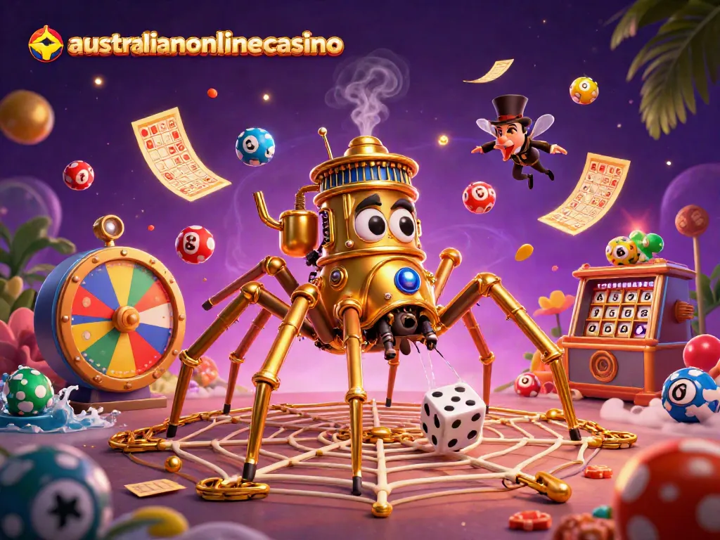 Spin the reels with the australianonlinecasino golden spider webbing bets and luck in a vibrant casino scene.