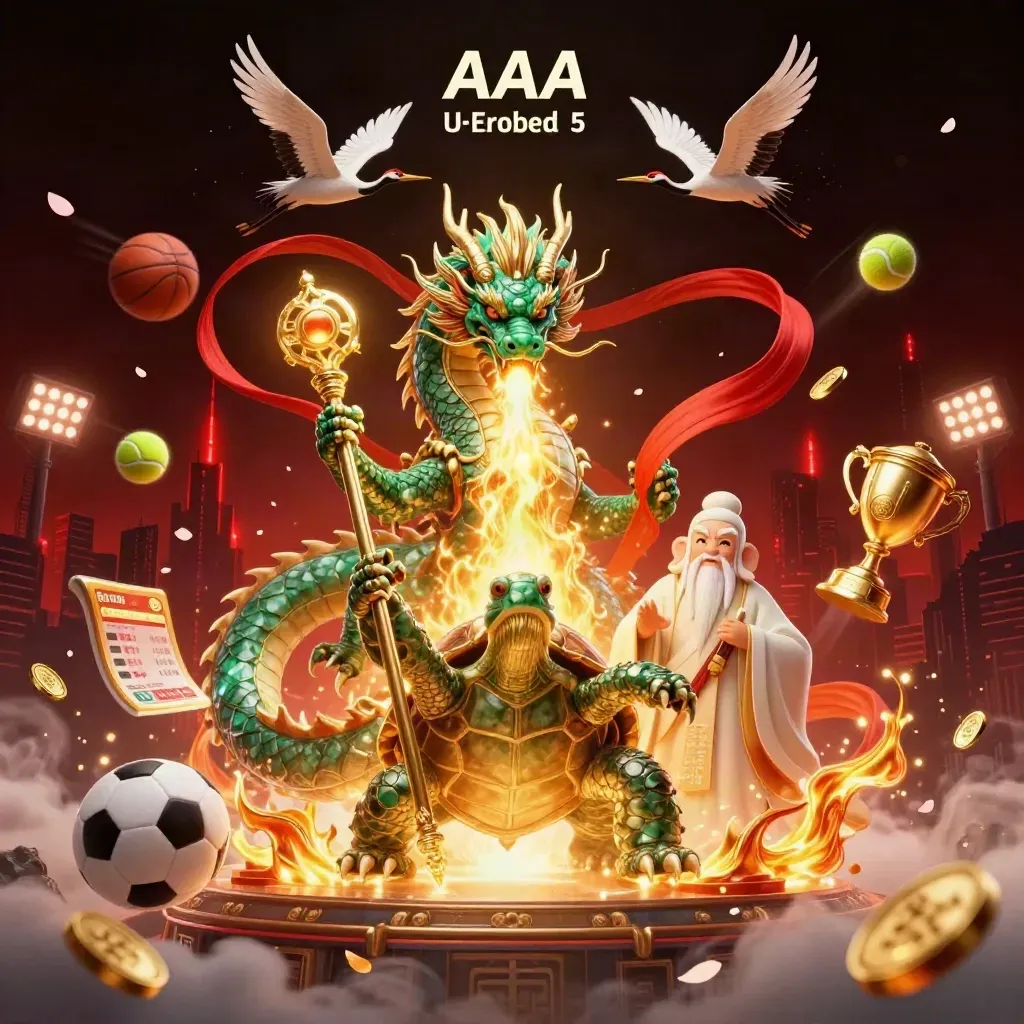 Emerald dragon, turtle sage, and cranes amid gold fire, balls, trophy, coins, and neon storm.