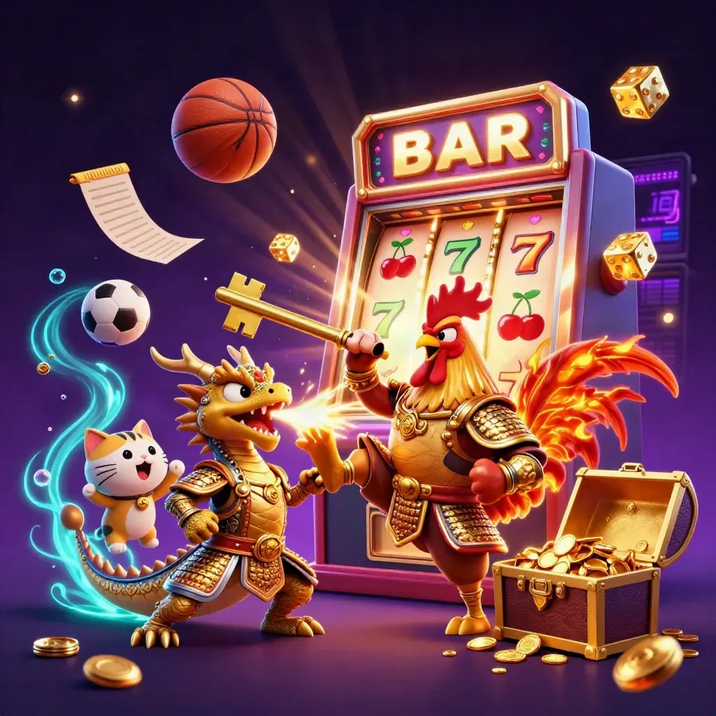 Rooster warrior, dragon hatchling and fortune cat amid exploding casino symbols and sports gear.