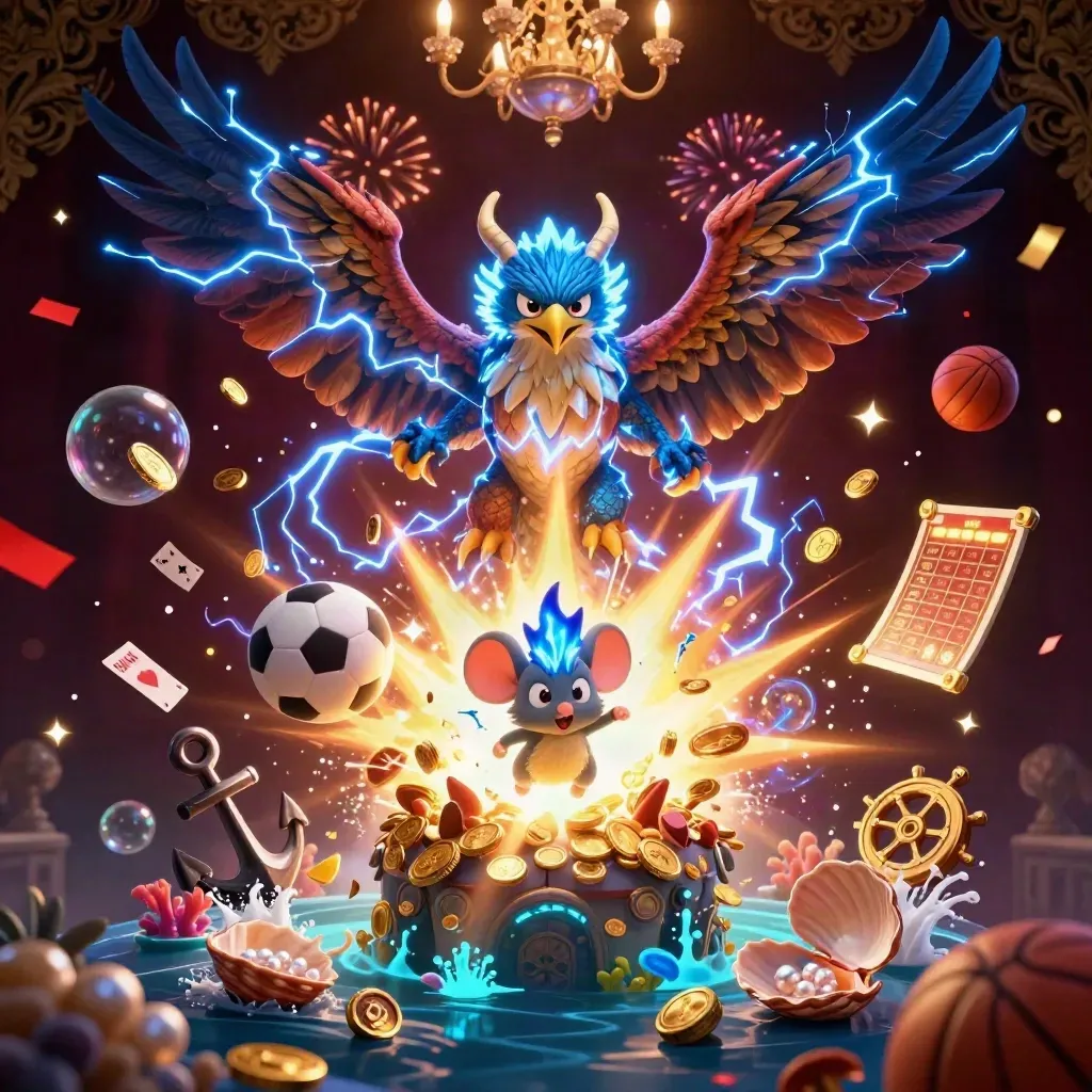 Thunder dragon, wind hawk, and static mouse amid casino-sport loot and glowing effects.