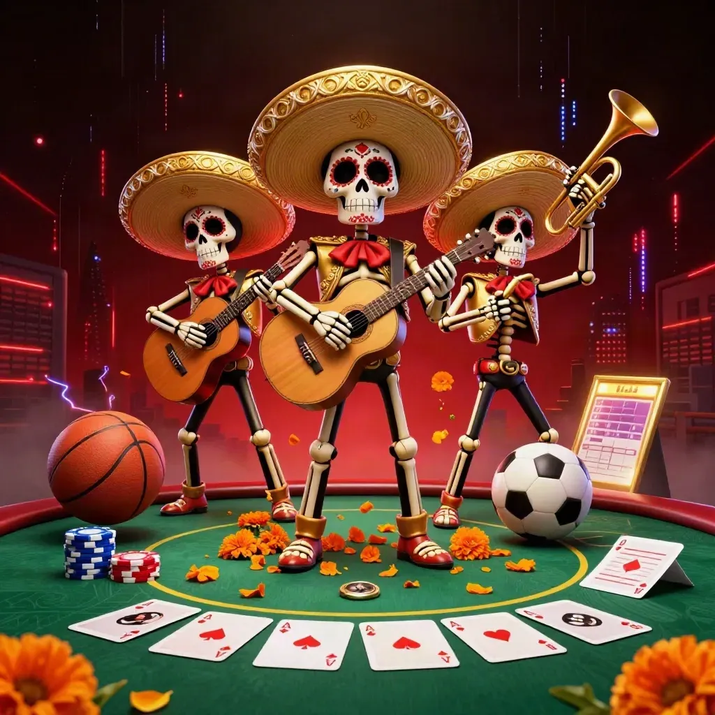 Skeleton mariachi trio amid casino cards, chips, and flying sports balls in a neon dark arena.