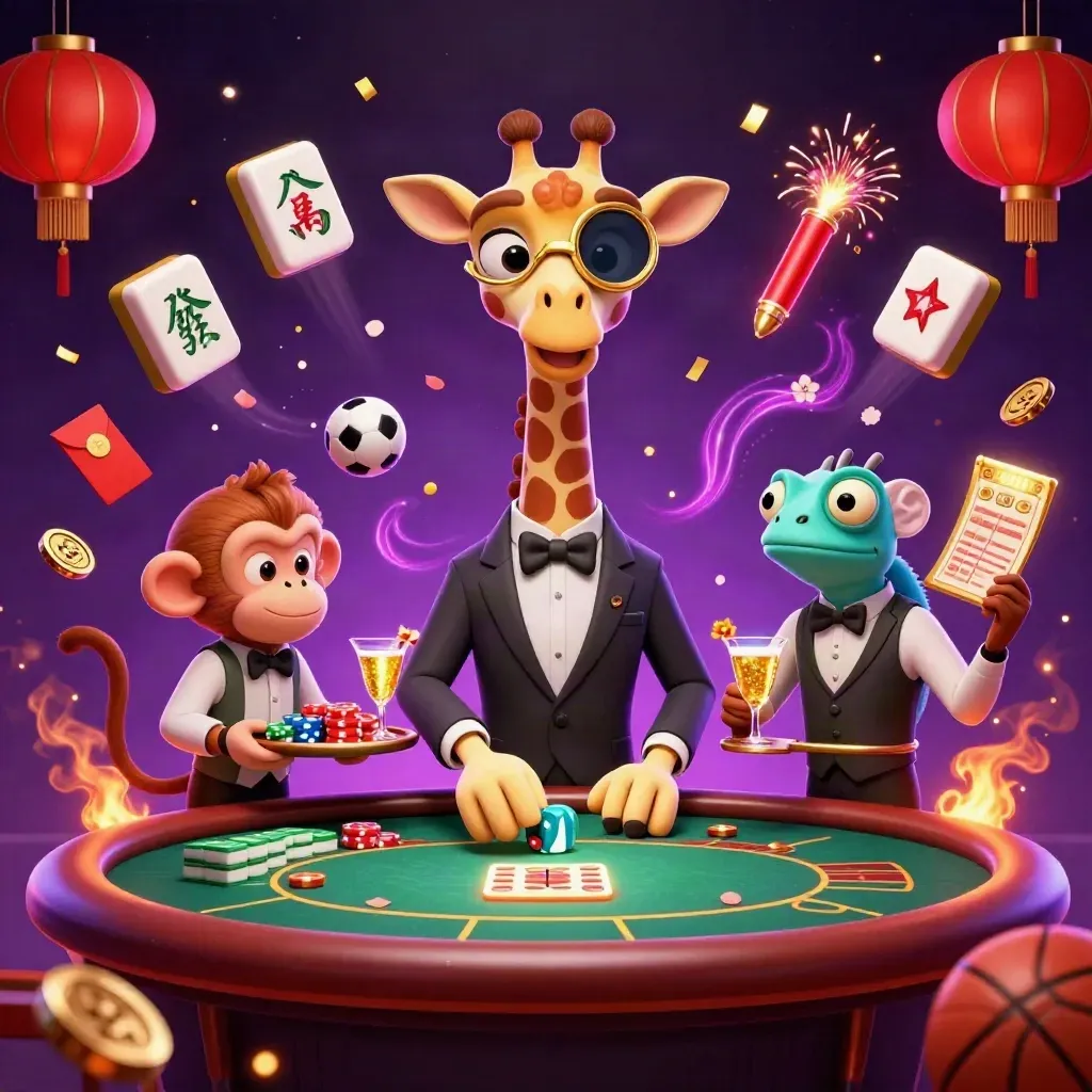 Suit-wearing giraffe, monkey valet, and chameleon bartender amid neon casino and sports-betting glam.