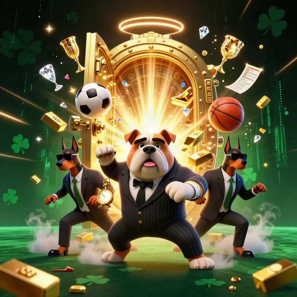 Cartoon bulldog boss and Dobermans amid gold vault, balls, gems, neon casino lights.