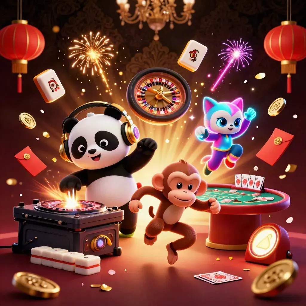 DJ panda, dancing monkey, and glow-stick kitten in a luxury casino rave scene