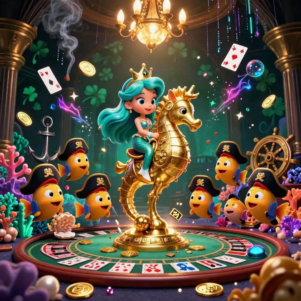Mermaid princess on armored seahorse amid casino treasure, brass light, neon energy, and pirate fish