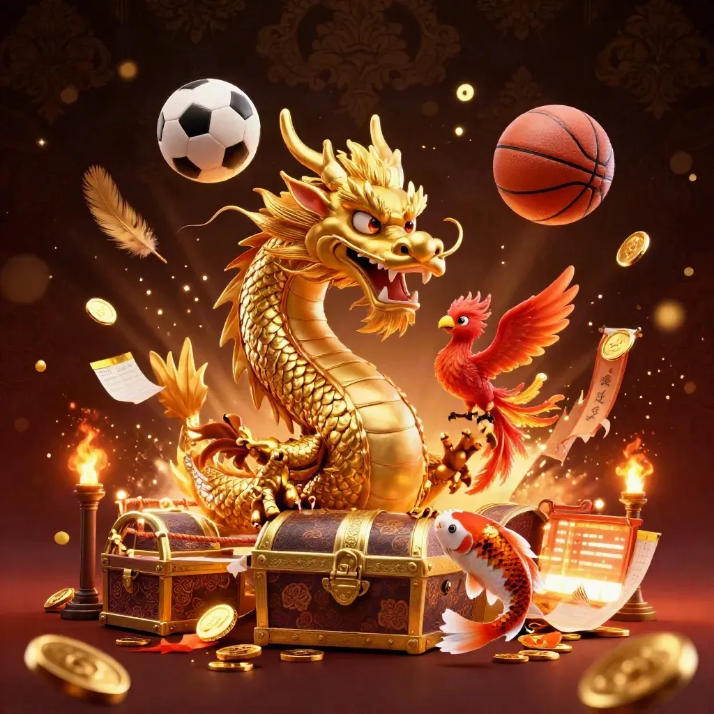 Golden dragon, red phoenix and koi surge around balls, coins and a temple gate in casino lighting.