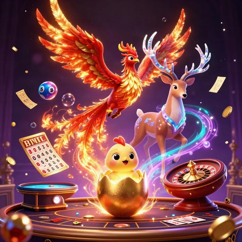 Phoenix, stag, and hatching chick amid glowing casino props and magical lights.