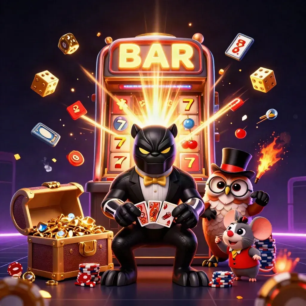 Panther, owl, and mouse in tuxedo casino key art with exploding slot machine, gold, chips, and glowing dice.