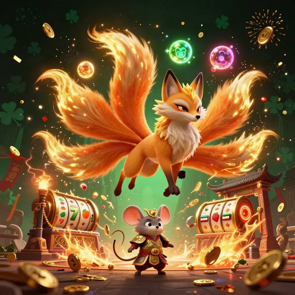 Neon fox spirit and armored mouse amid casino magic, coins, fire, and temple ruins.