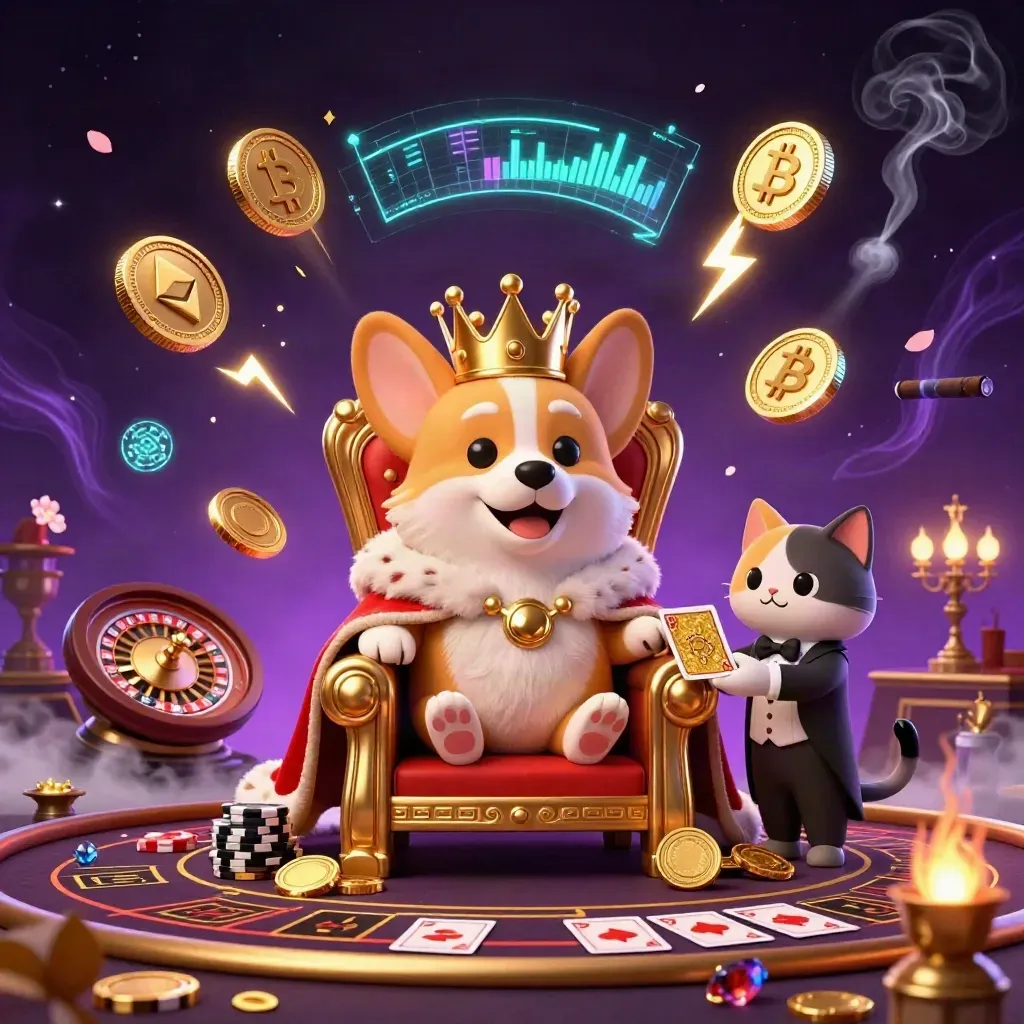 Royal corgi and cat butler in a neon casino room with coins, chips, and glowing magic.