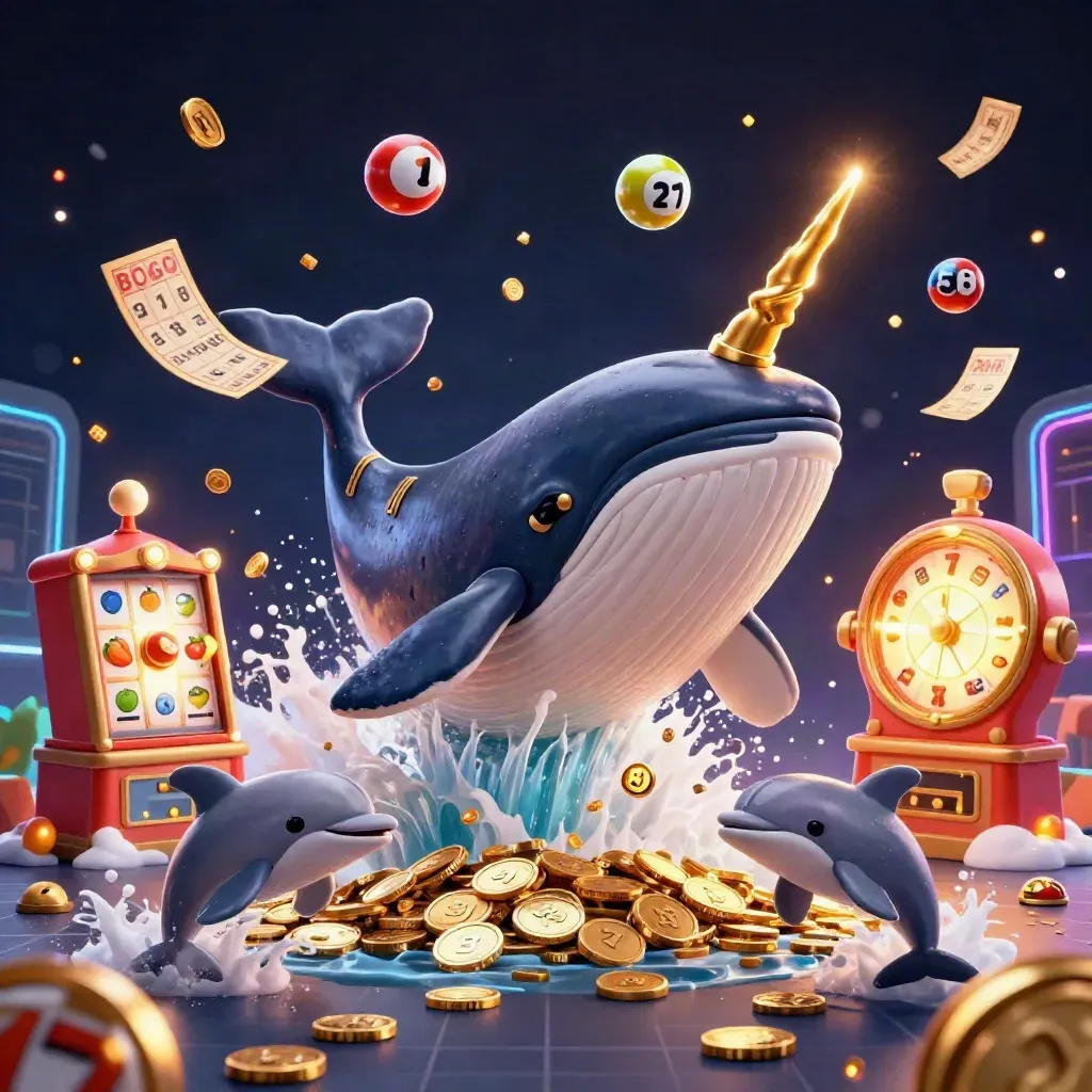 Whale captain, narwhal, and dolphins burst through coins with casino props in neon gold.