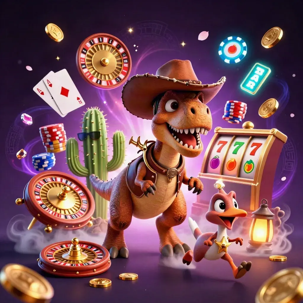 Cowboy T-Rex, cactus sidekick, and sheriff roadrunner burst through casino treasure in neon glow.
