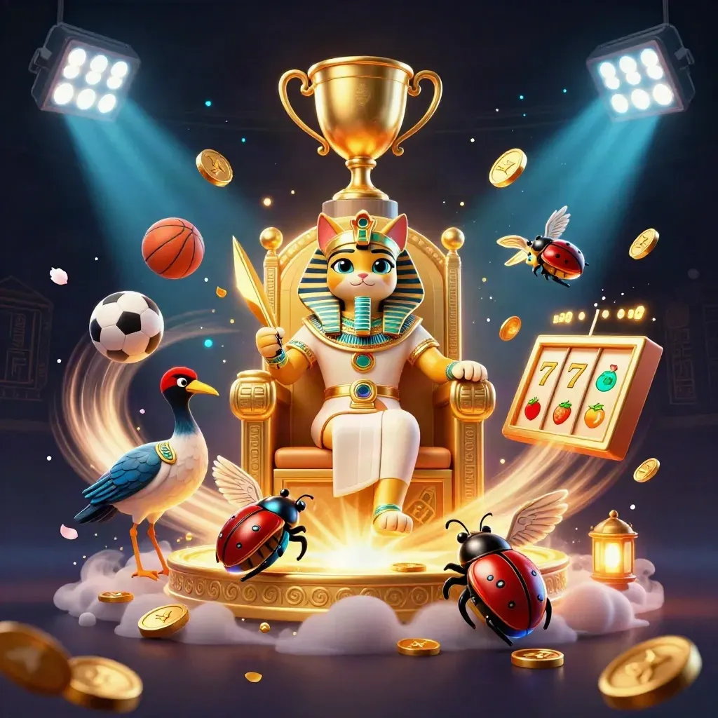 Pharaoh cat, ibis scribe, and gem-wing scarabs amid cyan casino magic and sports loot.