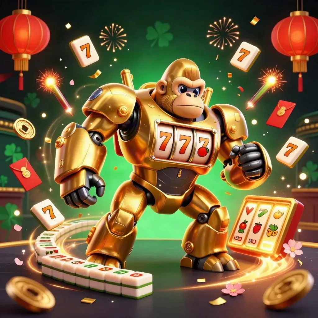 Golden gorilla mech with monkey pilot, reels, lanterns, jade coins, and emerald casino glow.