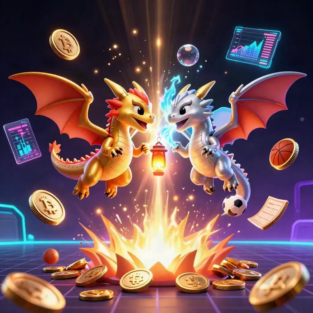 Twin gold and silver dragons spiral around a lantern spirit as coins, crypto icons, and fireworks burst.