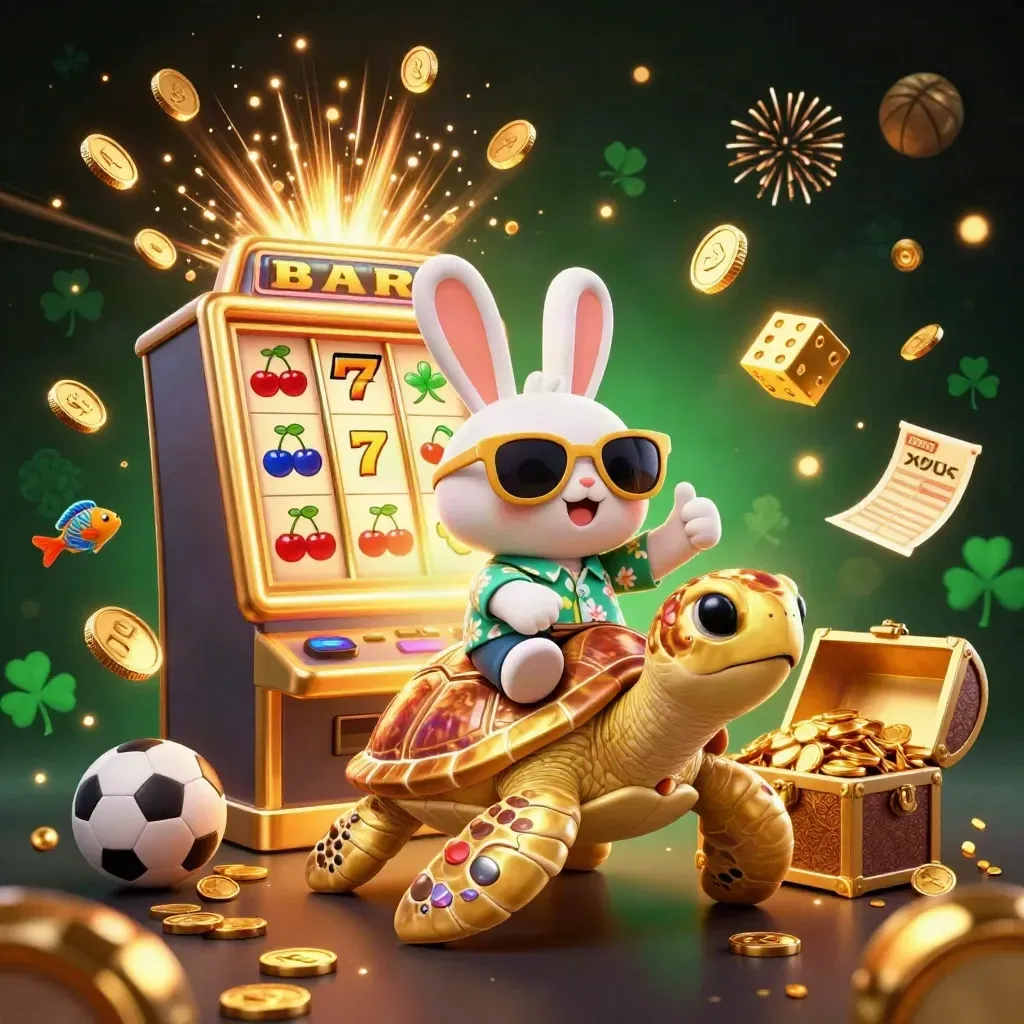 Rabbit on golden sea turtle amid slot symbols, coins, fireworks, and treasure on dark emerald background.