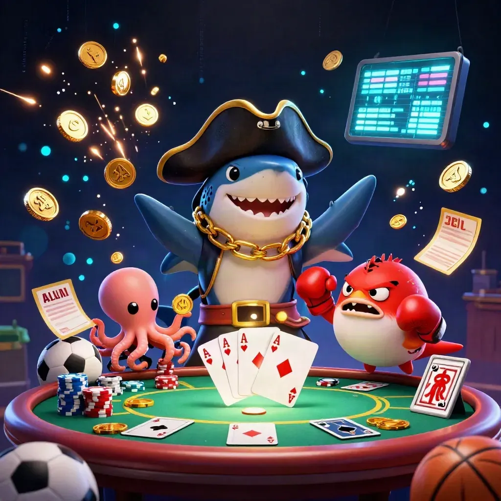 Pirate shark, pufferfish and octopus amid casino coins, cards, fireworks and neon energy.