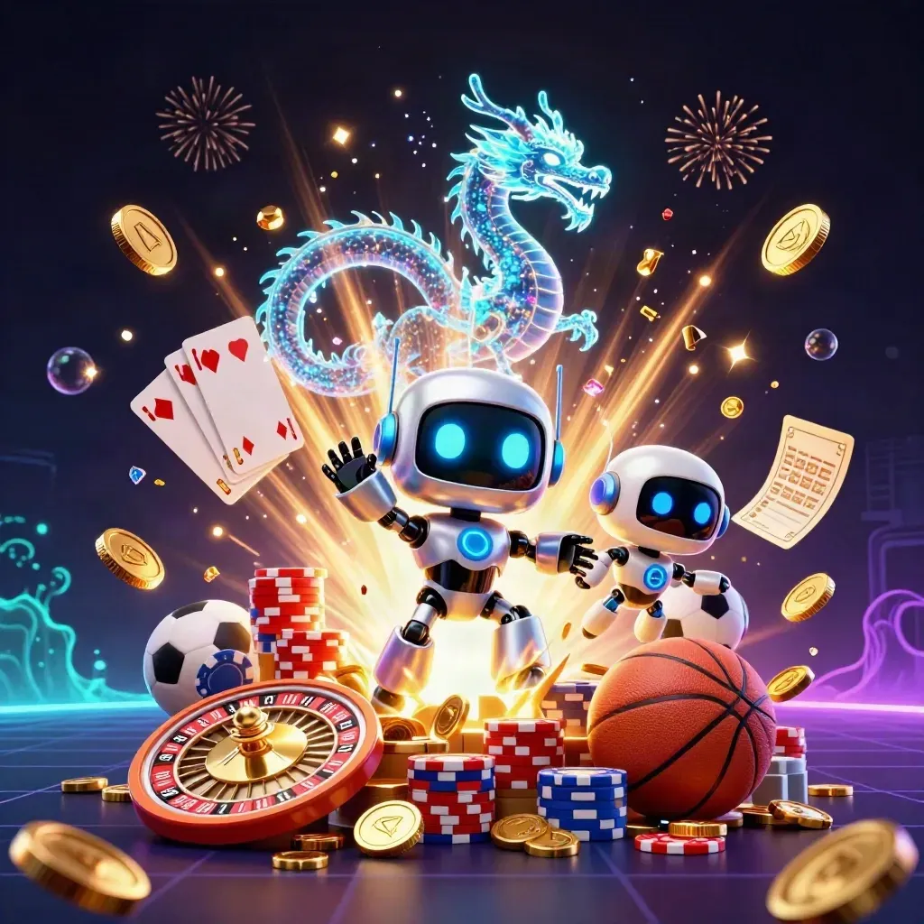 Cyberpunk robot, holographic dragon and drone amid casino coins, cards, chips and neon glow