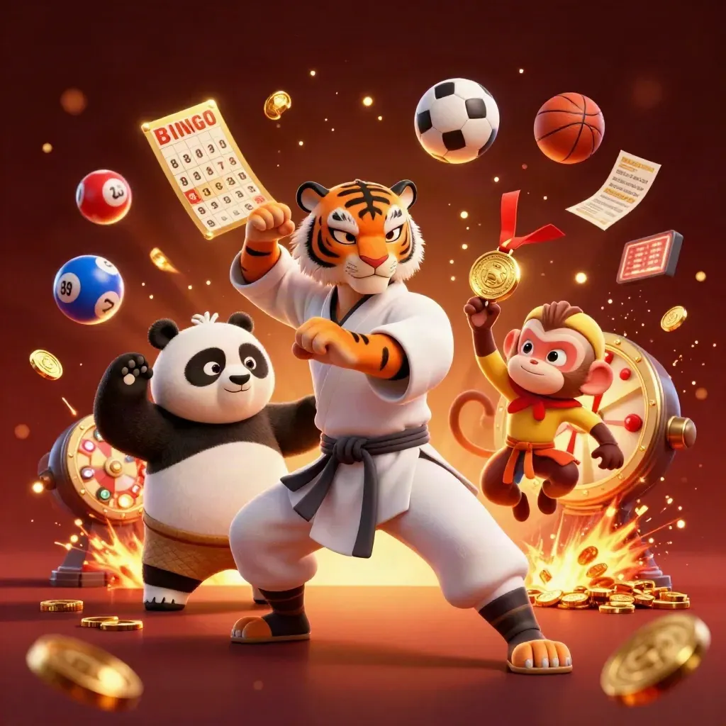 Kung-fu tiger, panda, and monkey amid casino prizes, coins, fireworks, and sports gear.