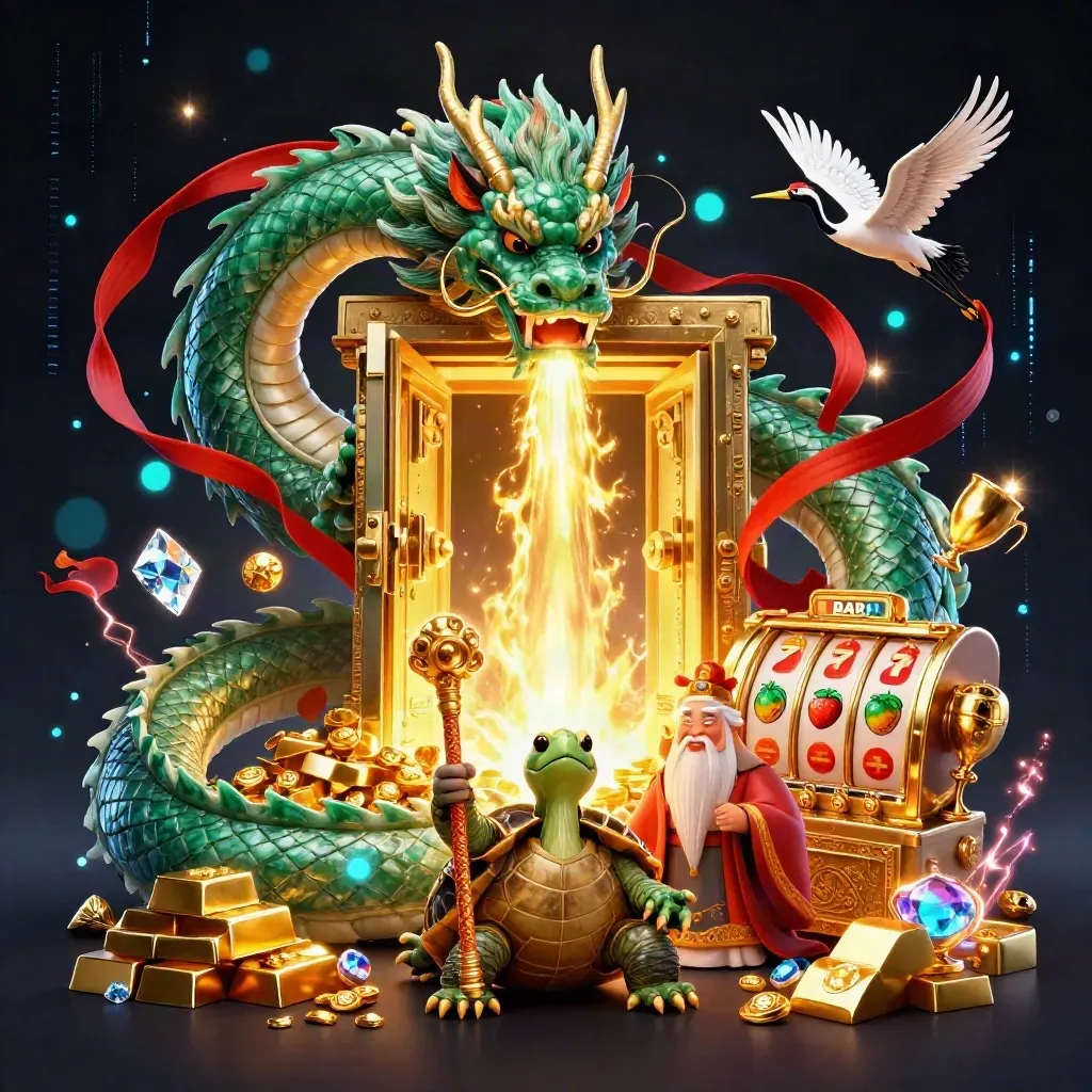 Emerald dragon, turtle sage, and cranes amid vault gold, slot reels, and electric casino effects.