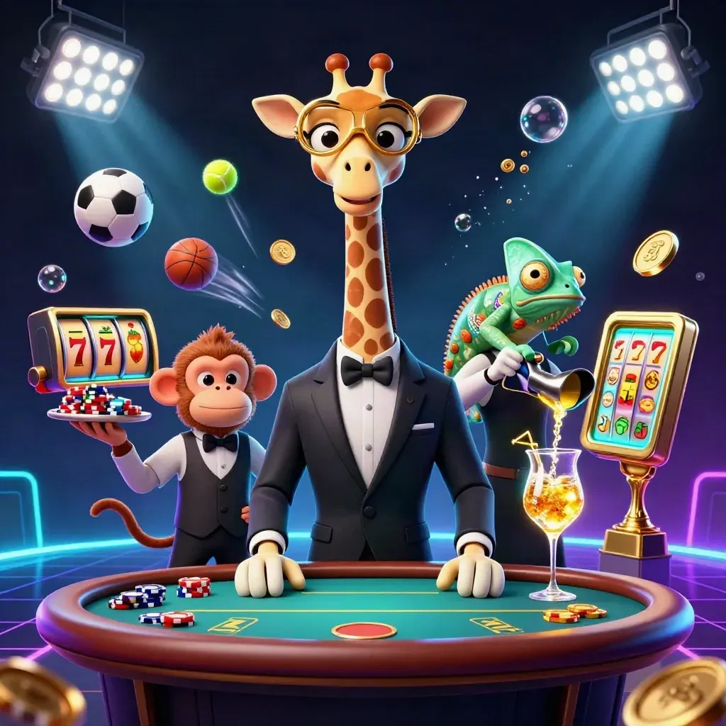 Giraffe, monkey valet, and chameleon bartender in a neon casino scene with sports balls and gold effects