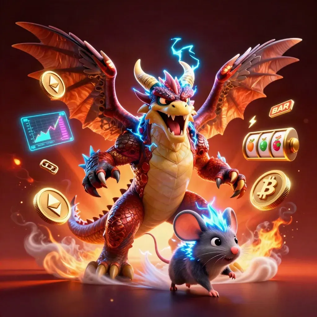 Thunder dragon, wind hawk, and tiny thunder-mouse amid casino coins and neon lightning.